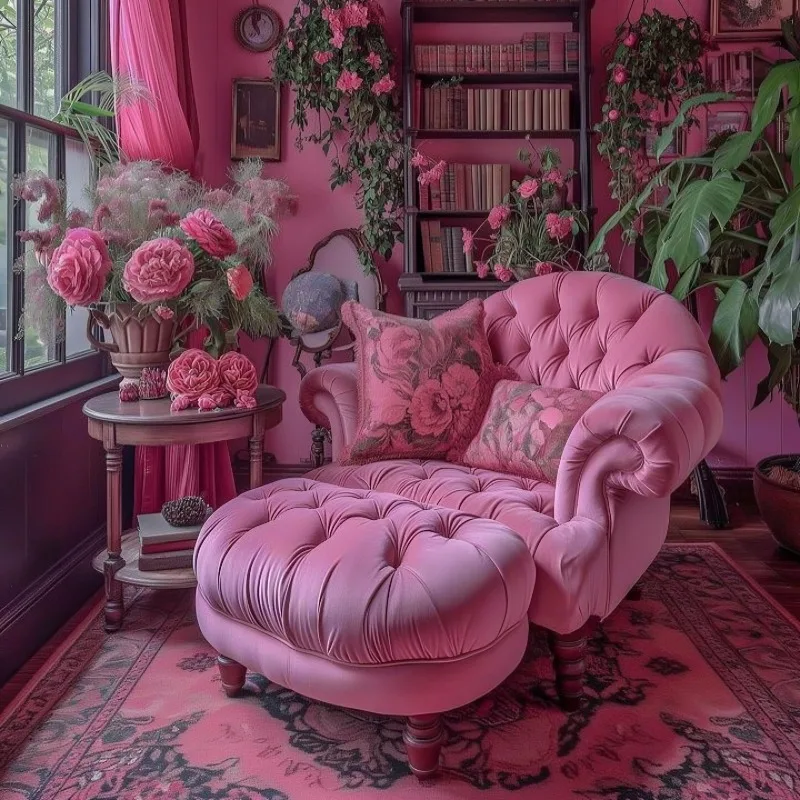 Pink velvet single sofa chair, retro European-style hotel living room bedroom leisure chair