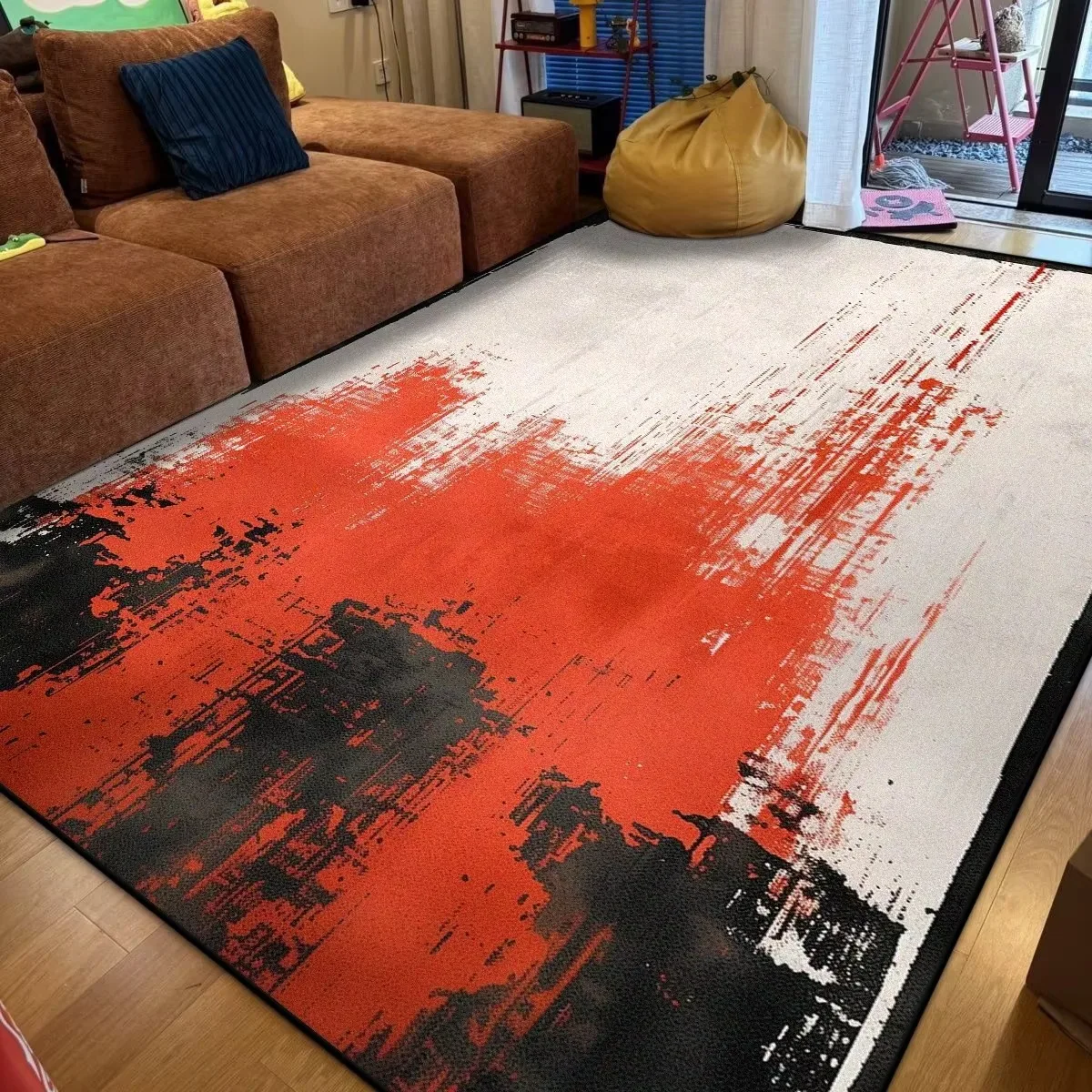 Modern Abstract Brush Stroke Area Rug Red Black Ink Wash Art Large Non Slip Floor Carpet for Living Room Bedroom Home Decor