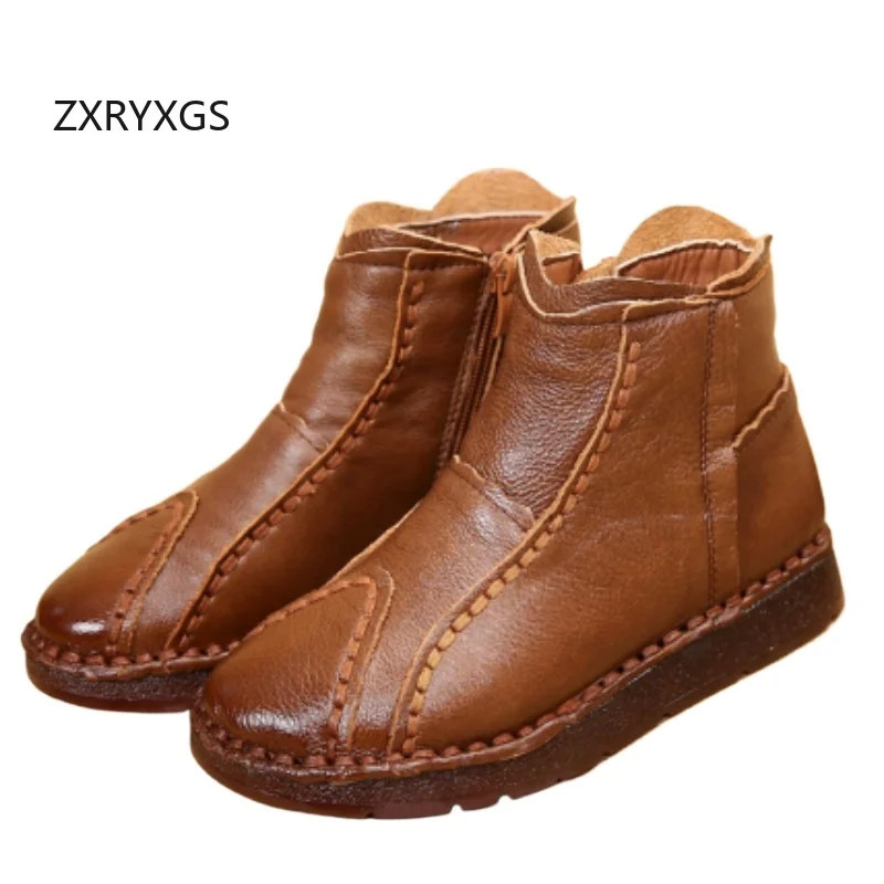 

ZXRYXGS 2025/Новые зимние классические женские ботинки из натуральной яловой кожи в стиле ретро, удобная теплая обувь, ботинки на плоской подошве, женские ботинки из натуральной кожи