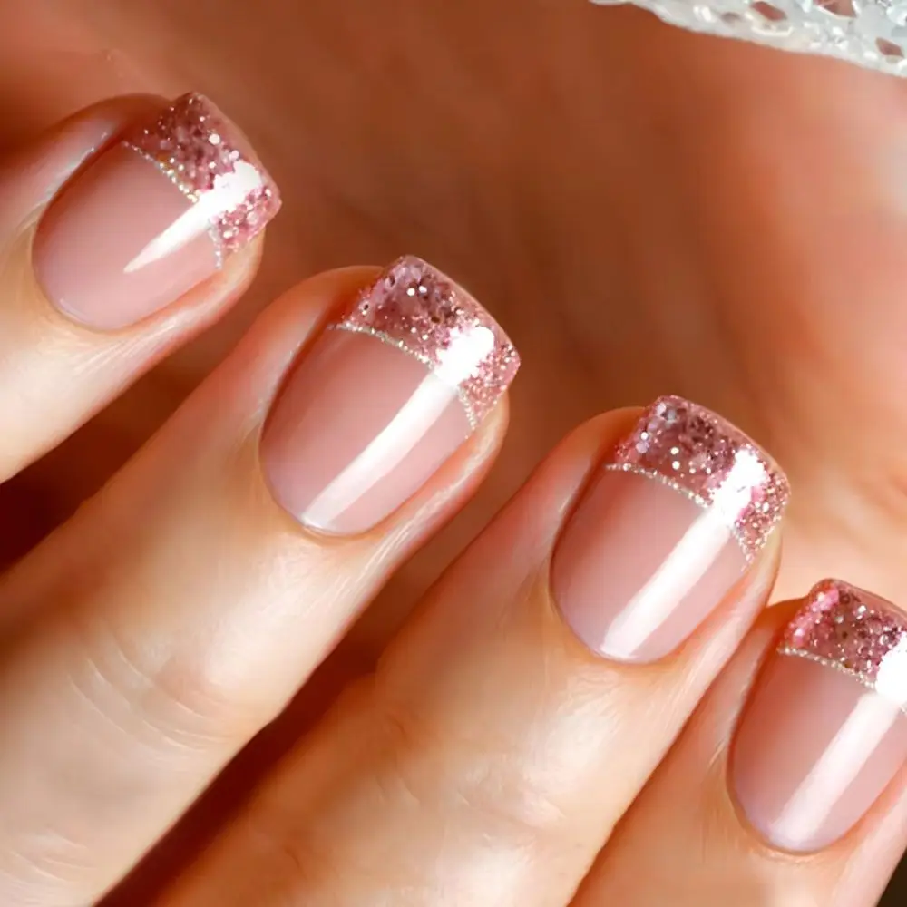 

24Pcs Short Square Pink Glitter Fake Nail Tips Sweet Ballet Dazzling Diamond Decoration Press on Nails for Women with Jelly Glue