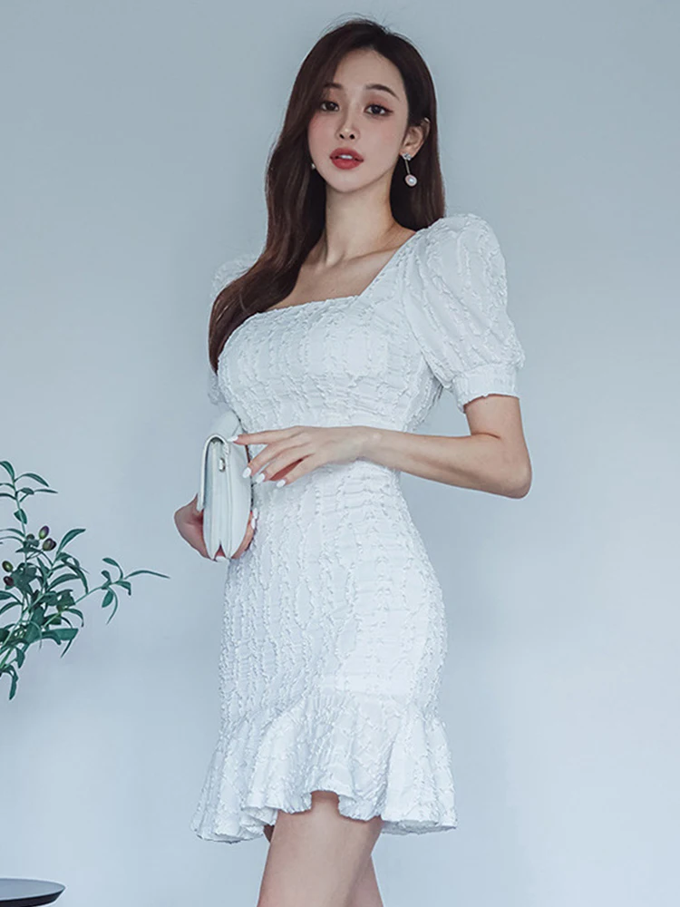 New Korean Summer Sexy 2 Piece Outfits Women Retro Puff Sleeve Short Cropped Tops Shirt Blouse High Waist Mini Skirt Mujer Set