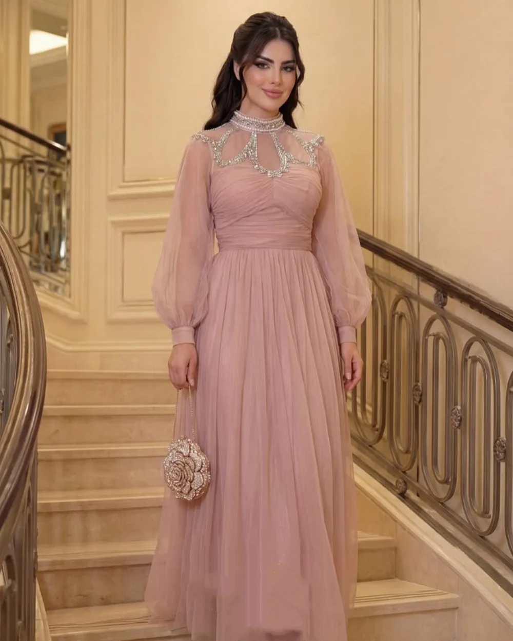 

Customized Formal Women Chiffon Rhinestone Pearl Ruched A-line Evening Dresses Elegant High Collar Long Sleeves Prom Dresses