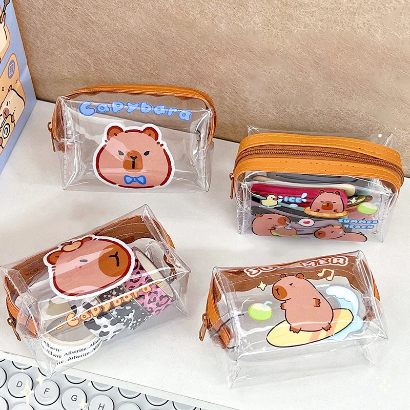 Bolsa de almacenamiento de monedas de Capybara, monederos transparentes con diseño de dibujos animados, billetera encantadora de PVC, bolsa transparente impermeable, bolsas cortas con cremallera