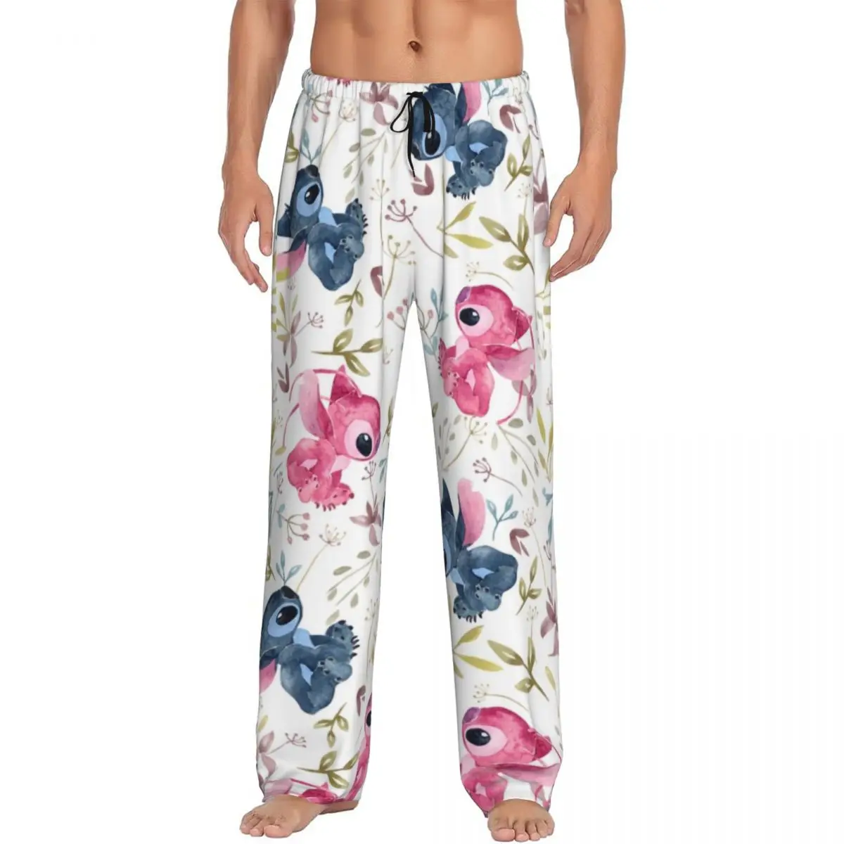 

Custom Print Men Lilo Stitch Tropical Floral On White Pajama Pants Sleepwear Sleep Lounge Bottoms with Pockets