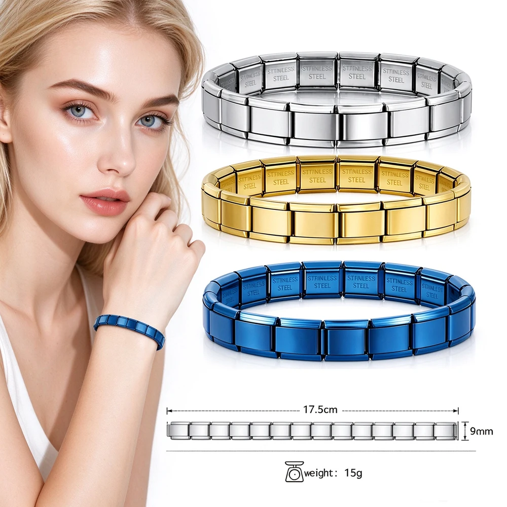 Italian Charm Link 9mm Width Silver Gold Color Stainless Steel Bracelets on Hand DIY Making Jewelry Wholesale