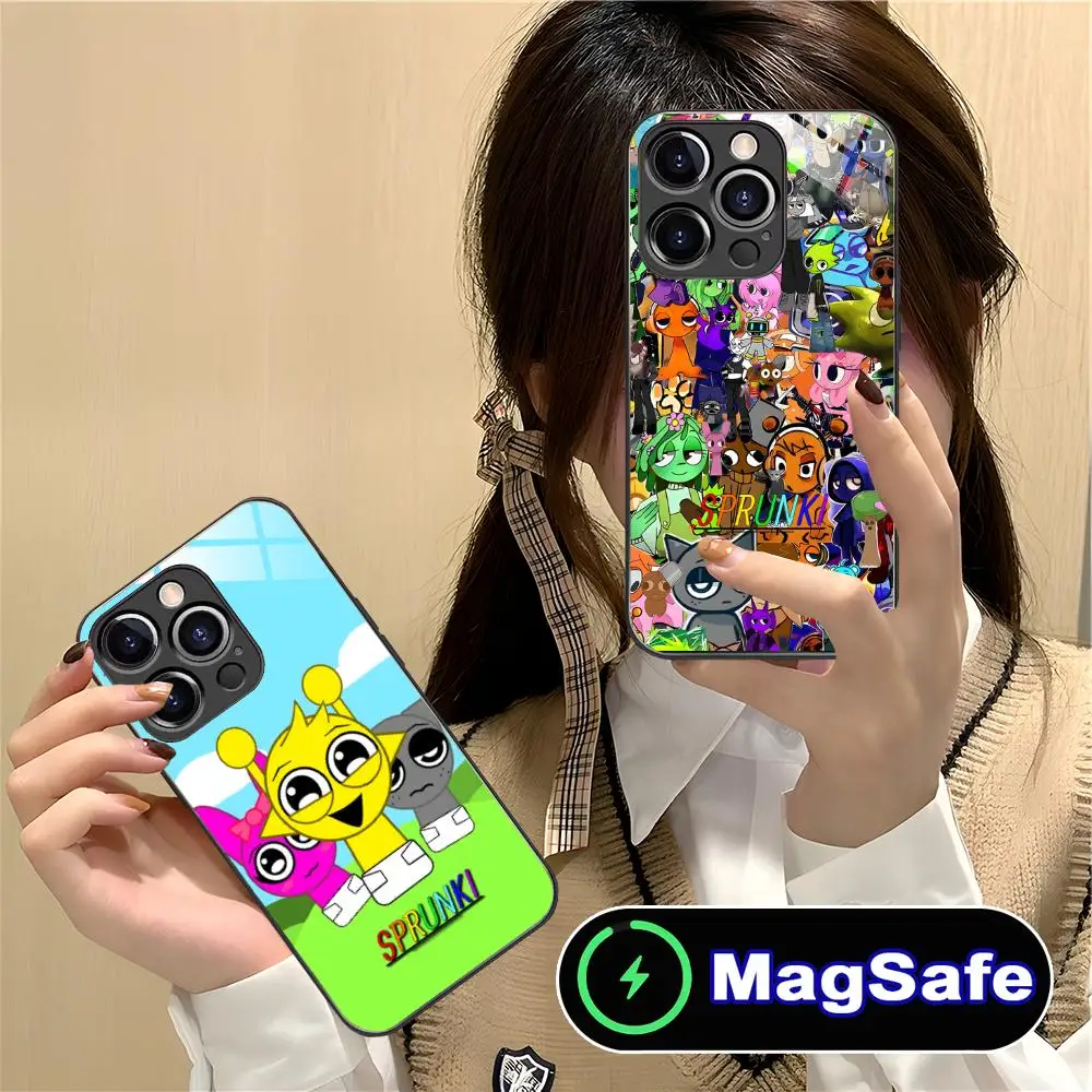 

Чехол для мобильного телефона Anime Sprunki для iPhone 16, 15, 14, 13, 12, 11 Pro Max Plus Mini MagSafe, стеклянный цветной принт, красивый смартфон