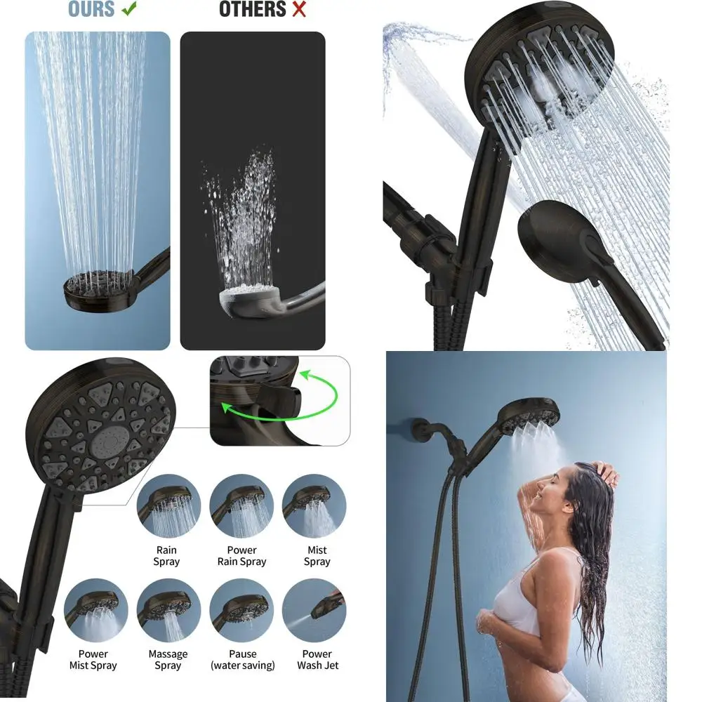 

7-Function High Pressure Shower Head with Power Wash, 5 Rainfall Handheld, Stainless Steel Hose, Oil Rubbed Bronze Finish