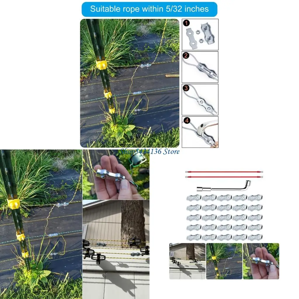 H7ED 25Pcs Electric Fence Connectors Set Contains Wire and Sleeve Tightening Device