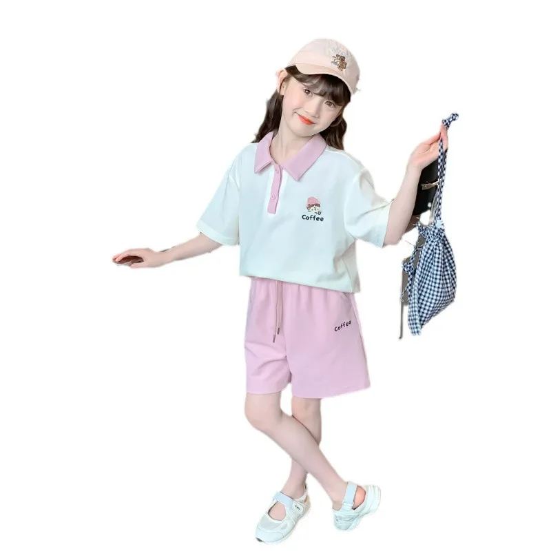 2026 NEW summer Girls set Clothes teenager shorts white slim cartoon t-shirt + hot shorts pant 4 5 6 7 8 10 11 12 year tracksuit