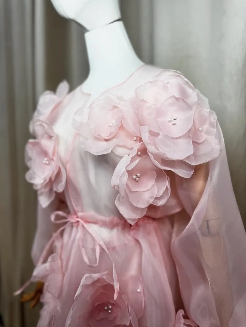 Blush Pink Sheer Party Blouse Floral Layered Custom Made Organza Top Transparent Sleeves Flower Handmade