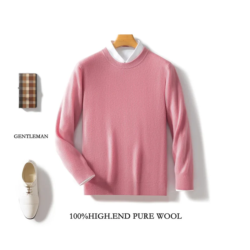 

Men Soft 100% Merino Wool Casual O-Neck Knit Sweater Long Sleeves Pullover Cashmere Comfortable Solid Color Warm Clothing Top