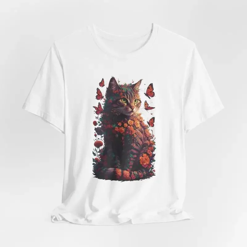 18 Floral Cat with Butterflies T Shirt Äì Whimsical Nature Design Fl