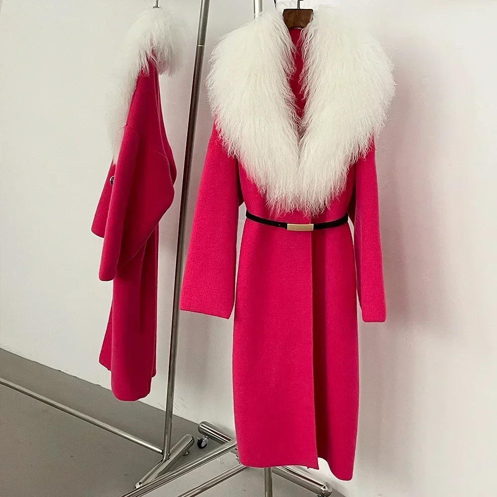 Pull Long tricoté avec ceinture pour femme, vêtement avec col en vraie fourrure de mouton de mongolie, Cardigan tricoté, printemps-automne