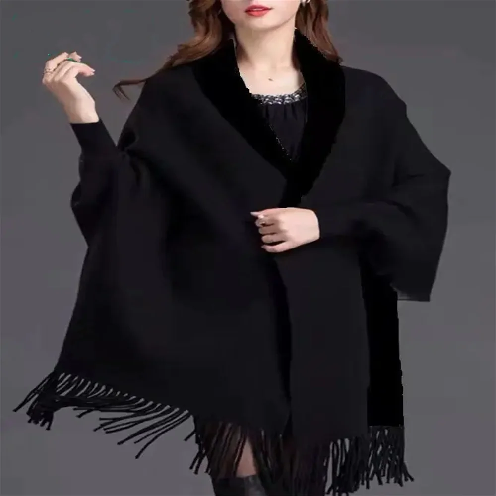 

Winter Plus Size Knitted Poncho Outside Streetwear Warm Tassel Coat Women Cape Solid Black New Long Batwing Sleeves Outside