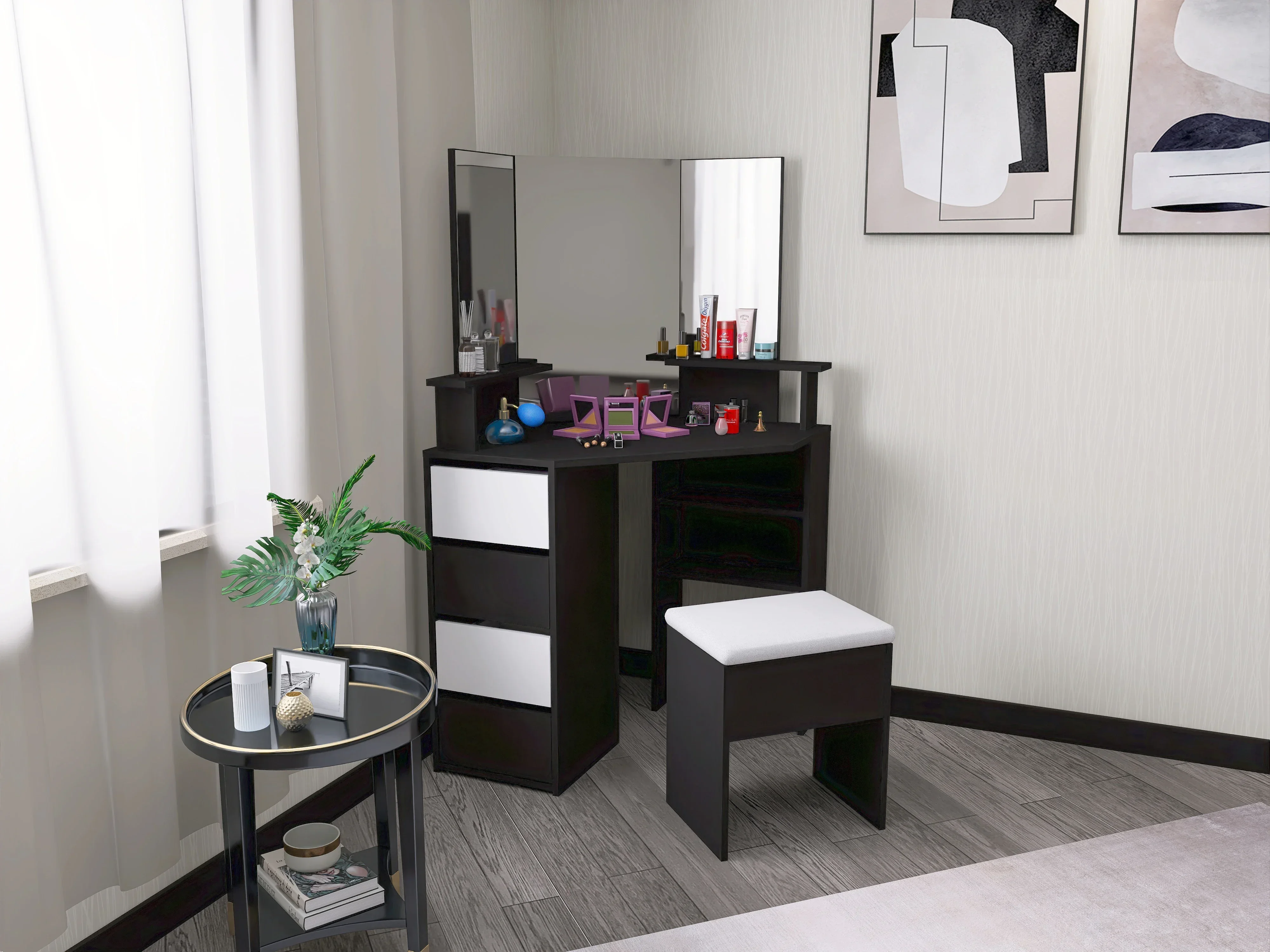 Black Makeup Dresser Corner Vanity Set with Stool and Mirror