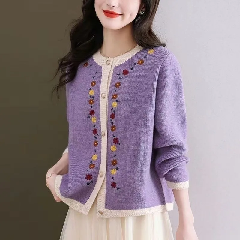 

Spring Autumn New Embroidery Cardigan Sweater For Women Casual O-neck Long Sleeve Short Knitted Wild Sweet Cardigans