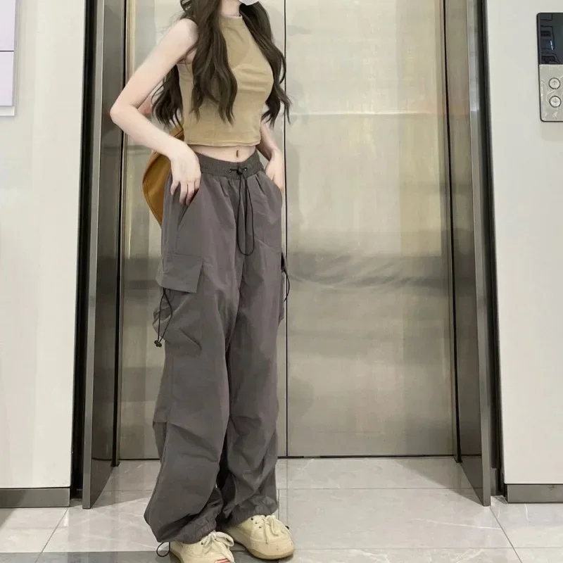 American Style Cargo Pants Women Fashion Spring Vintage Jogger Casual Minimalist Harajuku Pocket Design High Street Baggy Couple