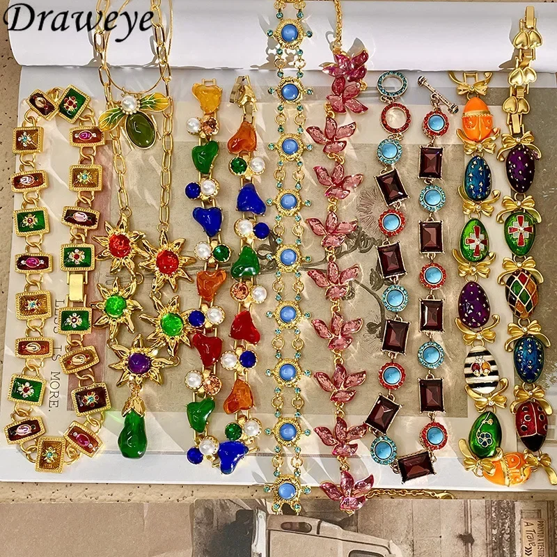 Draweye Sweater Chains Medieval Style Necklace for Women Mix Color Crystal Vintage Elegant Jewelry Exqusite Collares Para Mujer