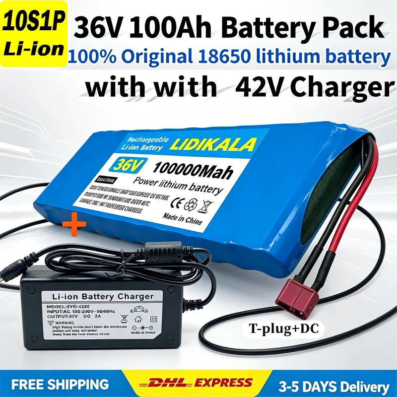 Pacco batteria 10S1P 36V 100000mAh 30Ah 18650 batterie ricaricabili al litio Li-ion per auto elettriche, biciclette, scooter, 20A BMS, 500W + caricabatterie