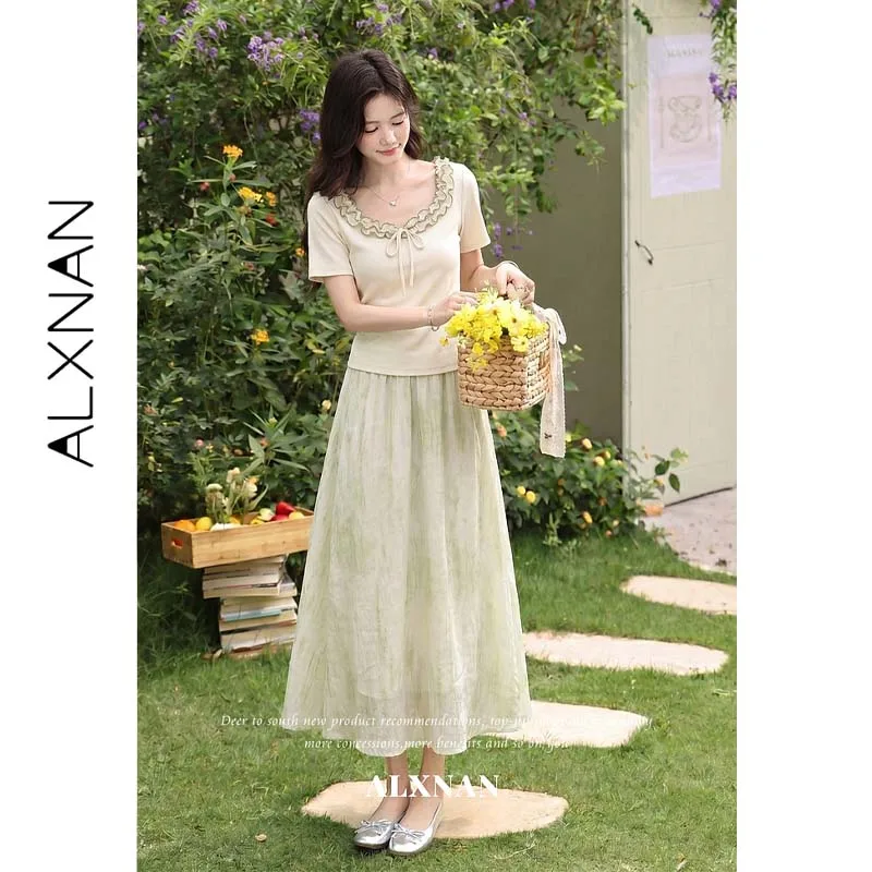 ALXNAN Women's T-shirt Wavy Double Color Contrast Ruffle Crew Neck Tees 2026 Summer Elegant Short Sleeve Tops Female L66660A