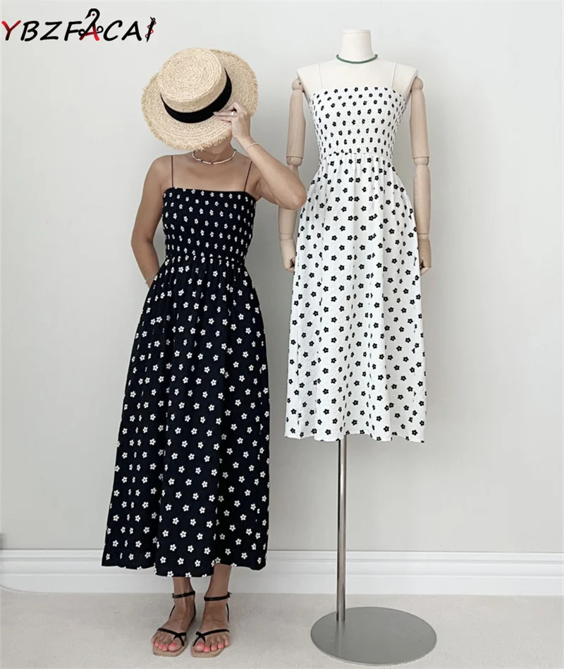 Korean Chic Floral Tube Top Sling Dress Women Summer Midi Black High Waist A-Line Dress Women Elegant White Floral Dress 2022