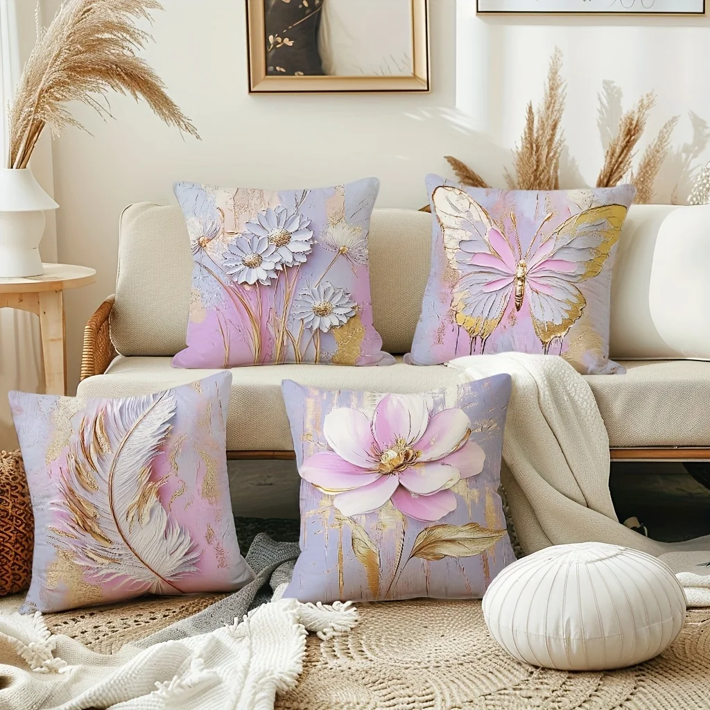 4-Piece Set, Bohemian Pink Floral Butterfly Pizza Abstract Gold Feather Comfortable Home Decoration Pillowcase, * 18 Inches,