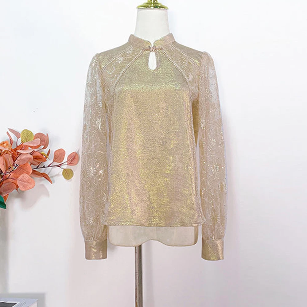 

Autumn 2025 new stand-up collar lace shirt elegant long-sleeved hollow top womens tops blouse blusas femininas elegantes
