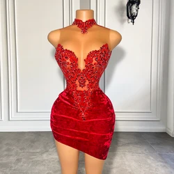Luxury Beaded Embroidery Women Homecoming Cocktail Gowns High Neck Black Girls Red Velvet Prom Dresses 2026 For Birthday Party
