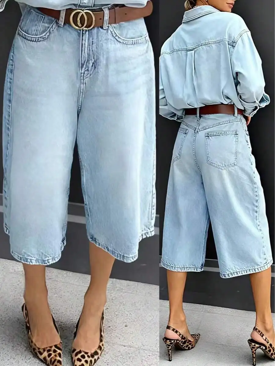 

Women Light Blue Washed Denim Bermuda Shorts With Buttons And Pockets Casual Summer