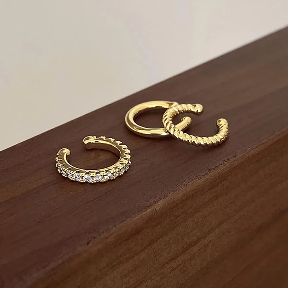 3Pcs/Set Fashion Gold Color Crystal Clip Earrings for Women Girls Minimalist Metal C-shaped Fake Piercing Ear Cuff Ear Jewelry - view 5