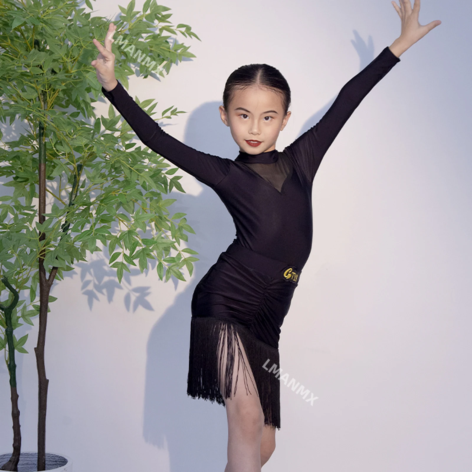 Advanced Latin Dance Dress for Children 2024 New Autumn/Winter Black Tassel Practice Dress Set Skirt