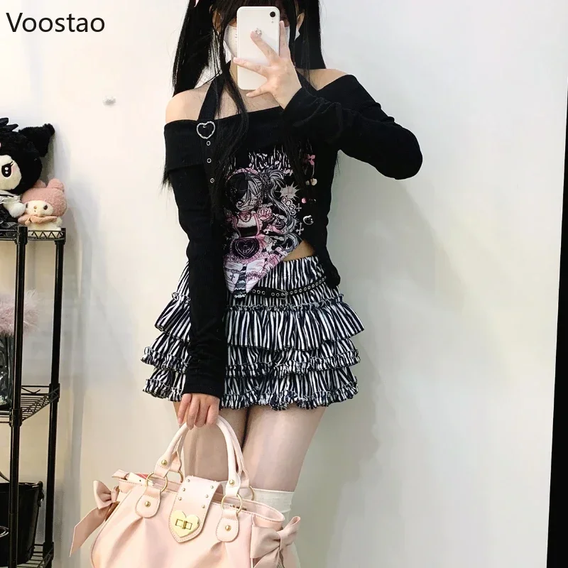 Y2k Aesthetic Japanese Anime Print Slash Neck Slim T-shirts Women Vintage Halter Off Shoulder Tshirts Grunge Gothic Tees Tops