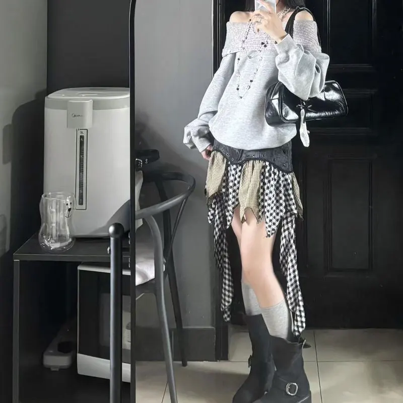 Korean Off Shoulder Loose Sweatshirts Female Clothing Stylish Knitted Hooded Autumn Casual Patchwork Solid Color Basic Hoodies