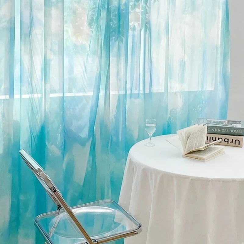 Ins Style Transparent Curtains for Living Room Gradient Chiffon Sky Watercolor Window Floating Balcony Sheer Light Drapes