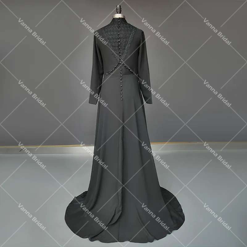 Black Lace Long Sleeves Wedding Robe Dresses High Neck A Line Buttons Custom Made Drop Ship Muslim Ruched Chiffon Bridal Gowns