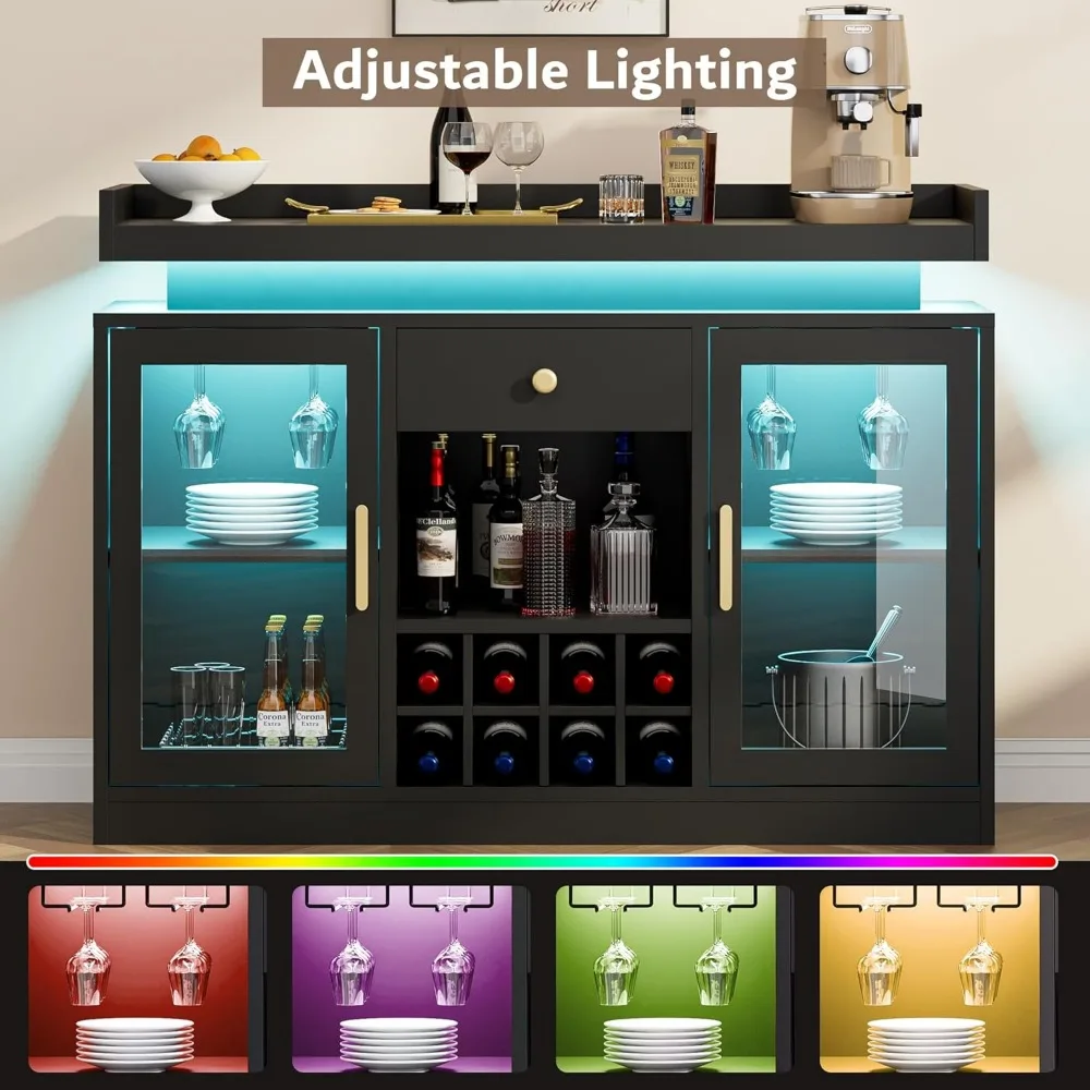 Kabinet Bar Anggur dengan Lampu LED, Lemari Kopi Rumah dengan Rak Anggur dan Kaca, Rak Penyimpanan, 1 Laci, Berdiri Bebas Modern