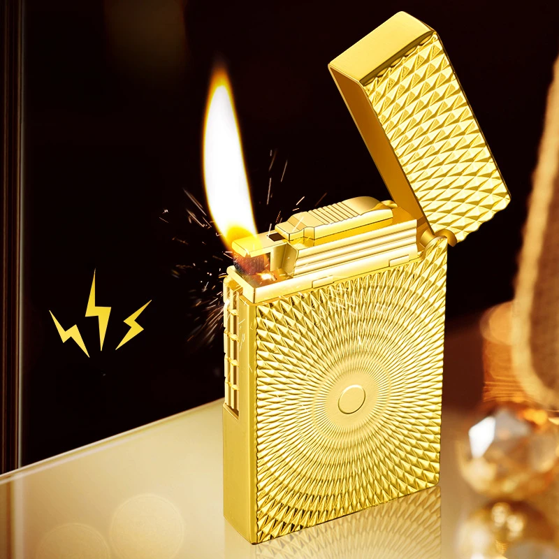 New Metal High-end Loud Sound Side-sliding Inflatable Inclined Flame Open Flame Lucky Stone Lighter Men's Gift Cigarette Lighter