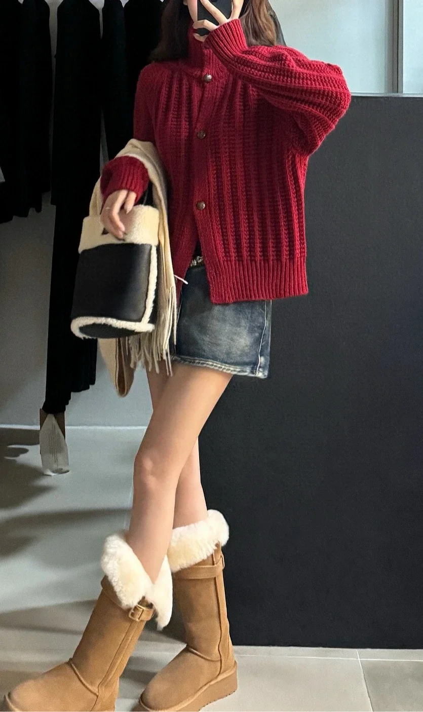 2024 Autumn Winter Women New Arrival Loose Fit Chic Thickened Knitted Cardigan Japanese and Korean Casual Style Sweater Coat