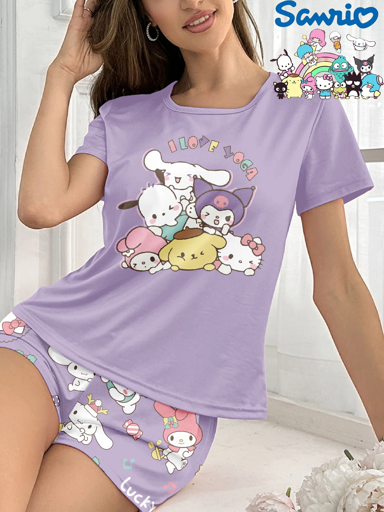 

Фиолетовые шорты с короткими рукавами серии Sanrio, повседневная пижама из молочного шелка с круглым вырезом, комплект одежды для дома