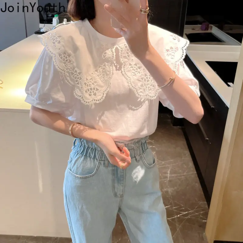 White Shirts for Women Chic Hollow Out Peter Pan Collar Sweet Tshirt Oversized Fashion Loose Tops Y2k Clothes Korean T Shirt