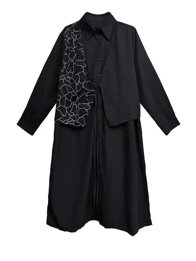 Black Lace Women Spliced Irregular Big Size Midi Shirt Dress New Lapel Long Sleeve Fashion Spring Autumn 2026 B9GJ
