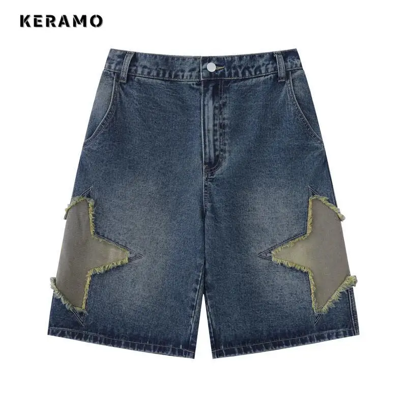 

Harajuku Y2K винтажные шорты в стиле панк свободного покроя со звездами и кисточками, мешковатые джинсы с высокой талией, женские повседневные потертые джинсовые шорты в уличном стиле