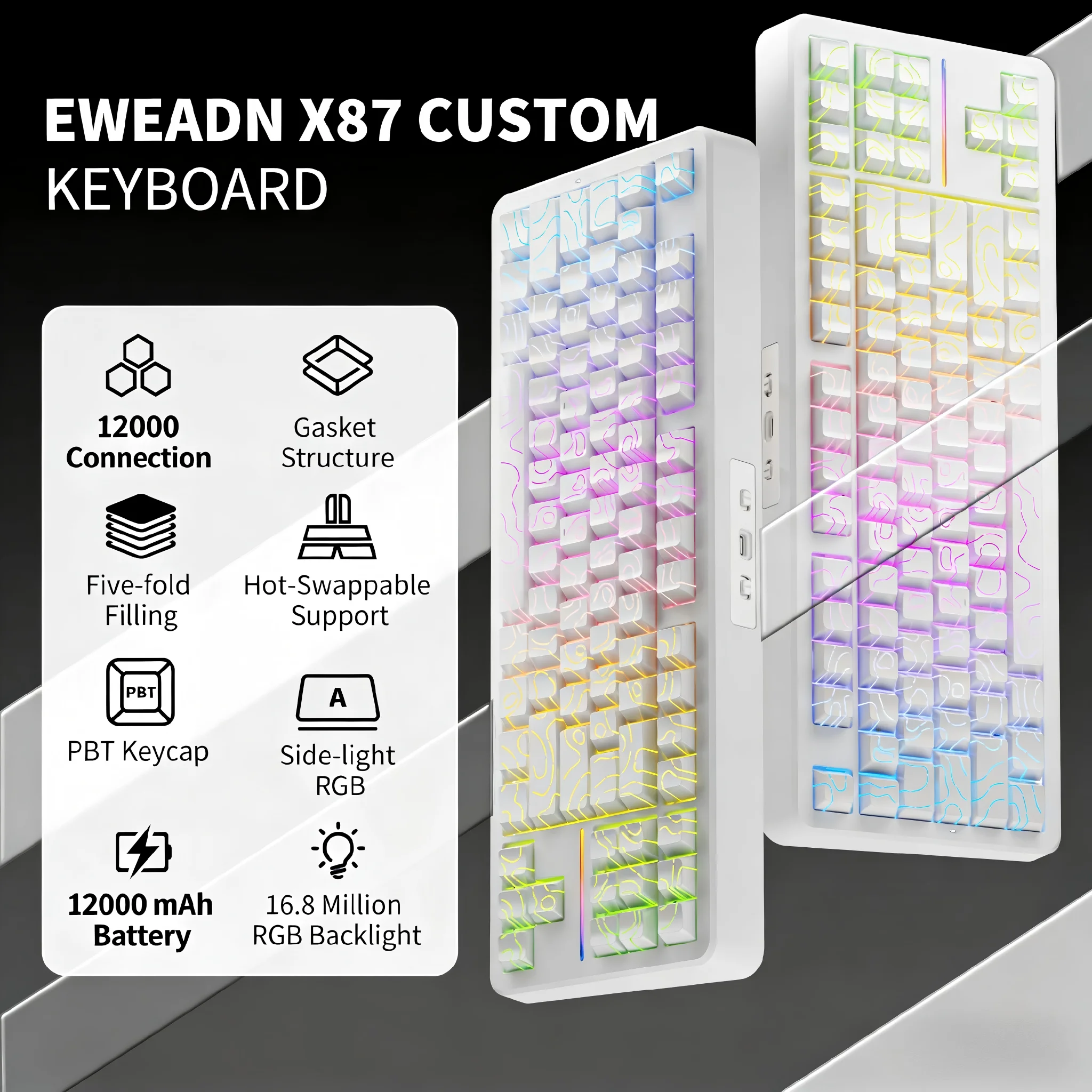 EWEADN X87 Wireless Mechanical Keyboard RGB 3-Mode Wireless E-Sports Office Keyboard12000 mAh Battery for Silent Office Gaming