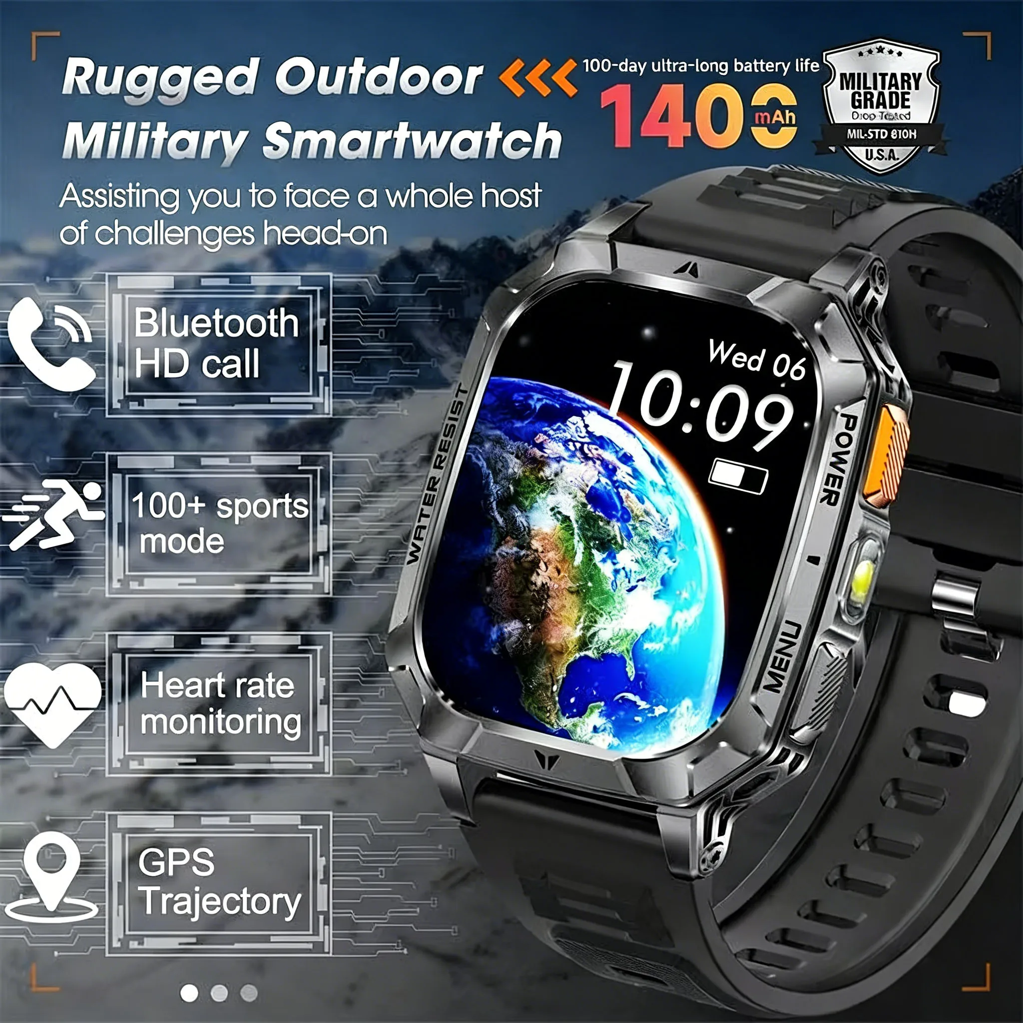 

2026 New 1400mAh Military GPS Smart Watch Men 2.01" AMOLED Screen 3ATM Waterproof Clock SOS Call Flashlight Smartwatch iOS Gift