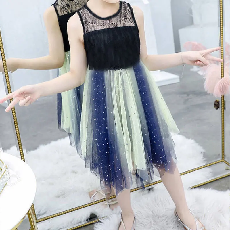 Elegant Fashion Harajuku Slim Fit Children Clothes Loose Casual All Match Princess Skirt Solid O Neck Sleeveless Girls Dresses