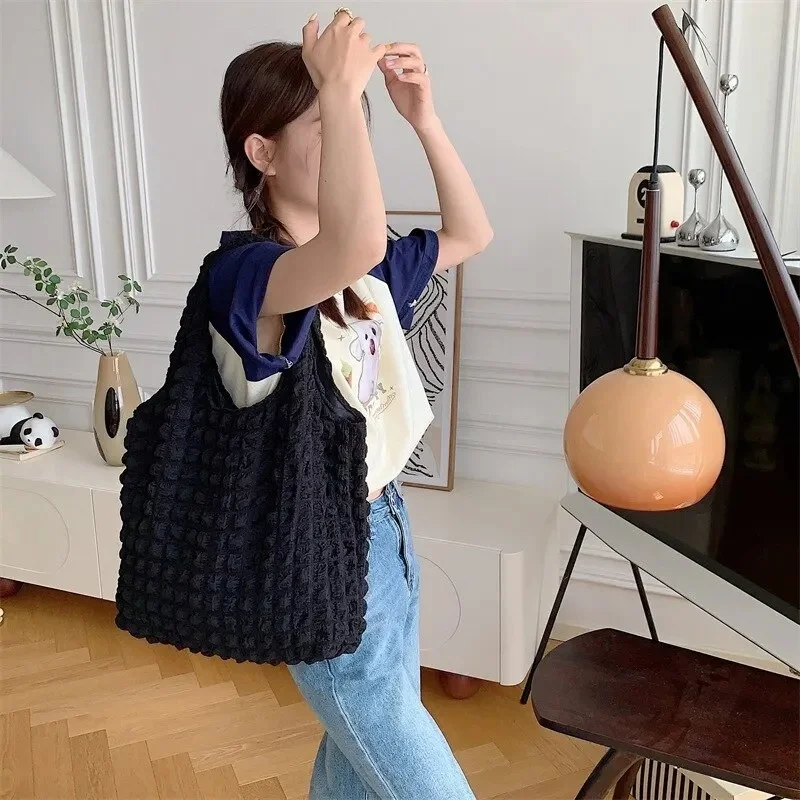 

Summer Pleated Bubble Cloud Women Shoulder Bag Vintage Candy Color Large Capacity Shopping Tote Bag
