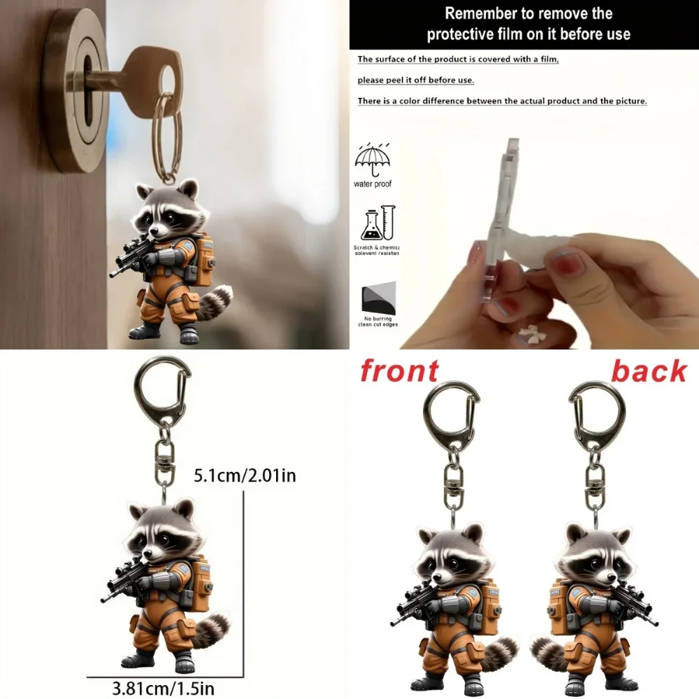 2D Cute Raccoon Soldier Keychain Cartoon Animal Themed Pendant Flat Acrylic Hanging Charm for Backpacks Bags Festive Gifts Decor