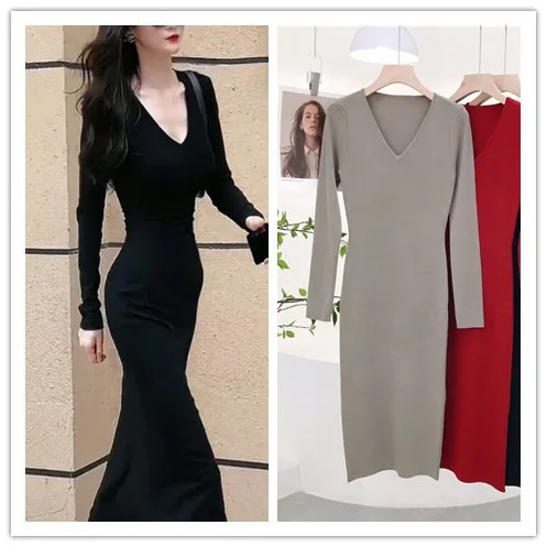7484 French Deep V-Neck 14-Stitch Dense Non-Deforming Waist-Slimming Over-Knee Inner Long Dress
