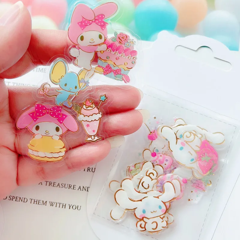 Anime Kawaii Kuromi My Melody Cinnamoroll KT Cute Cartoon Ice Cream Cup Stereo Crystal Sticker Pack DIY Handbook Stickers Gift