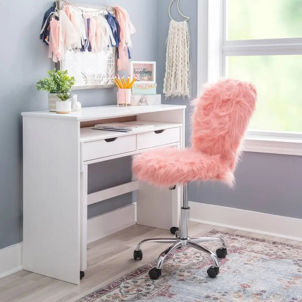 Blush Pink Faux Fur sedia da ufficio senza braccioli con Base cromata e altezza regolabile spazio di lavoro domestico accogliente ed elegante o dormitorio 300lb